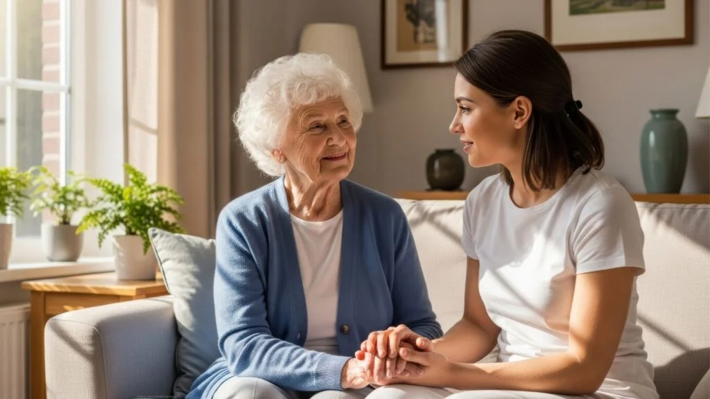 Compassionate caregiver providing in-home care to an elderly person